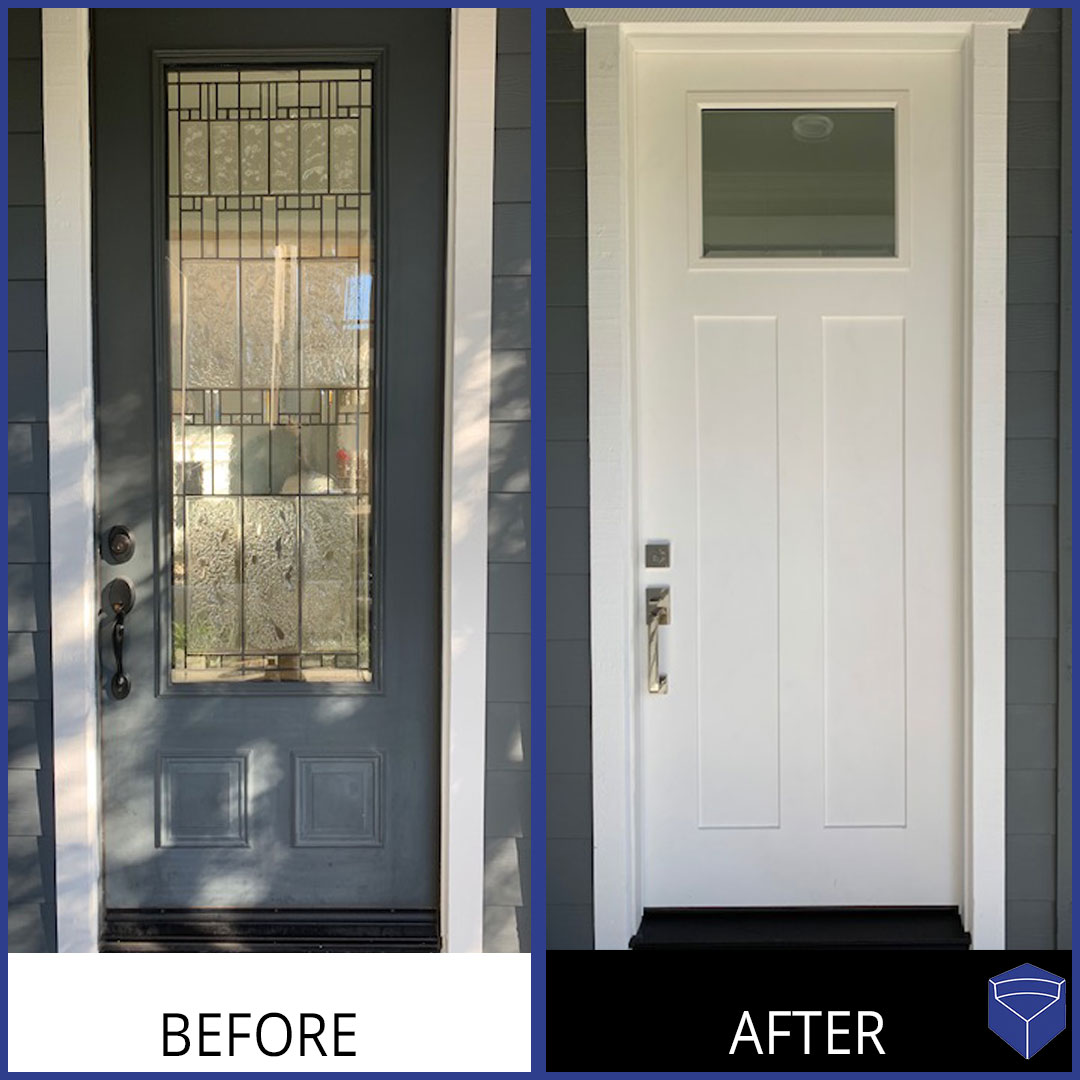 Cornerstone Windows & Doors before after photo - outdated glass entry door replaced with modern entry door
