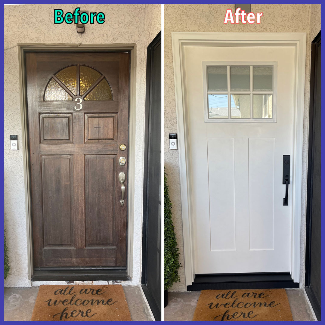 Cornerstone Windows & Doors before after photo - outdated entry door replaced with modern entry door