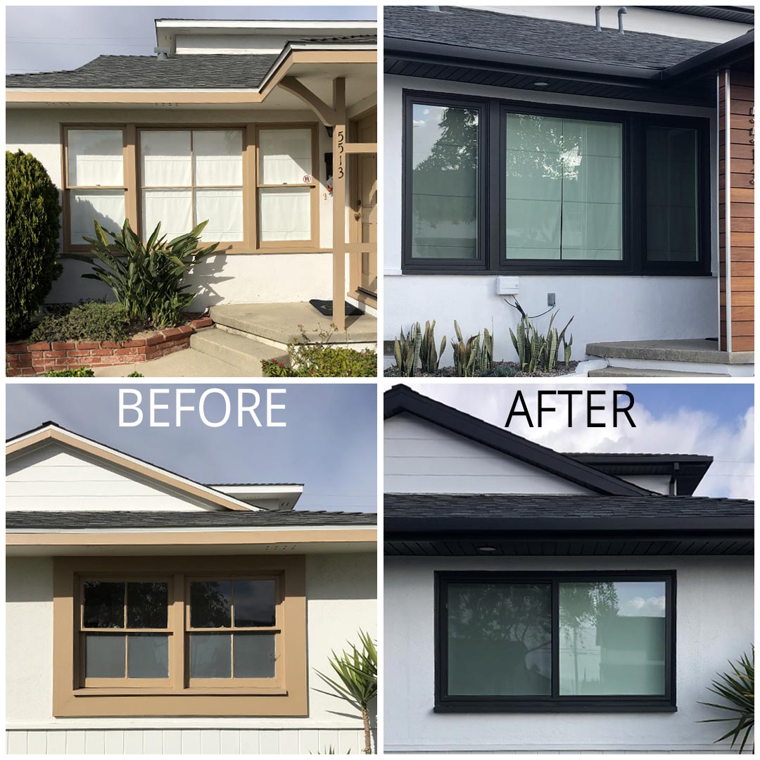 Cornerstone Windows & Patio Doors before after photo - old wood windows replaced with black vinyl windows