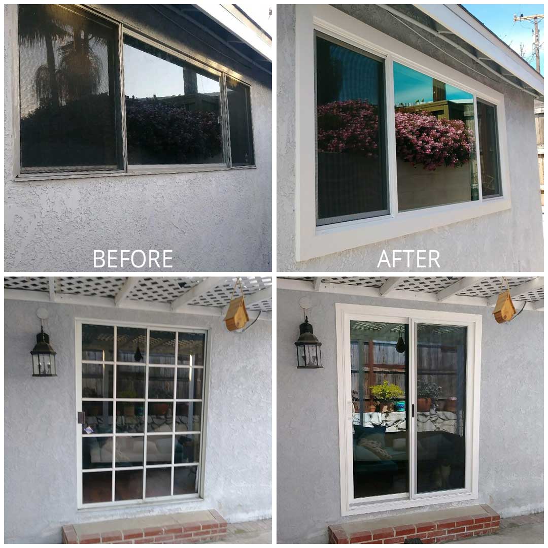 Cornerstone before after photo - old metal window and patio door replaced with beautiful new vinyl windows and patio door
